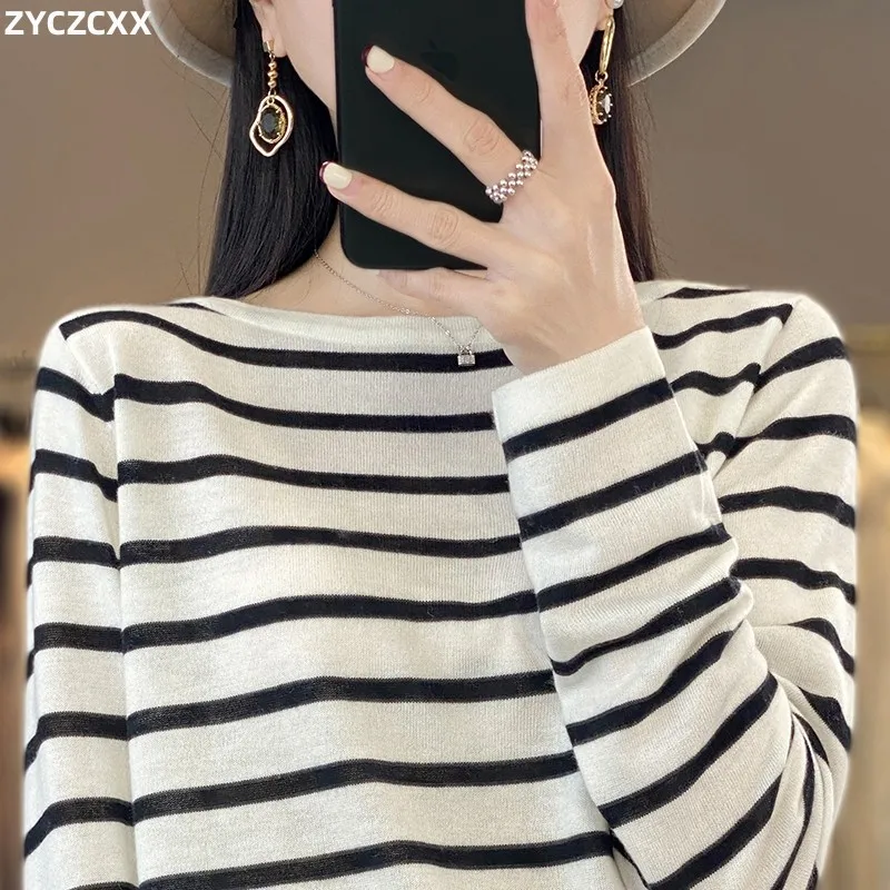

Women's Line-neck Pullover Striped Sweater Women's 100% Merino Wool Autumn/Winter Warm Knit Top Stylish Temperament Sweater