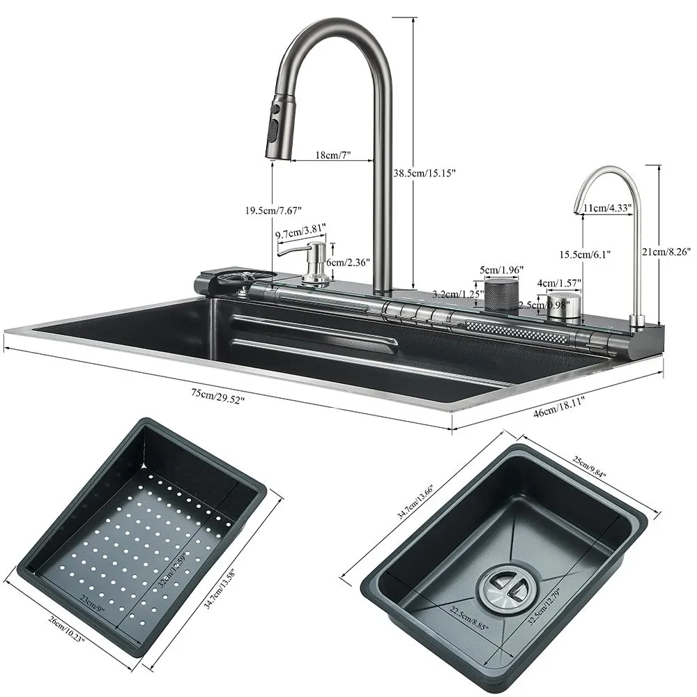 304 Stainless Steel Kitchen Waterfall Sink Digital Display Large Single Sink Dish Basin Multifunction Touch Waterfall kitchen accessories kitchen sink