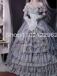 Silver Grey Lolita Rococo Princess Prom Dresses Off Shoulder Lace-up Corset Bustle Puffy Tiered skirt  victoiran evening gown