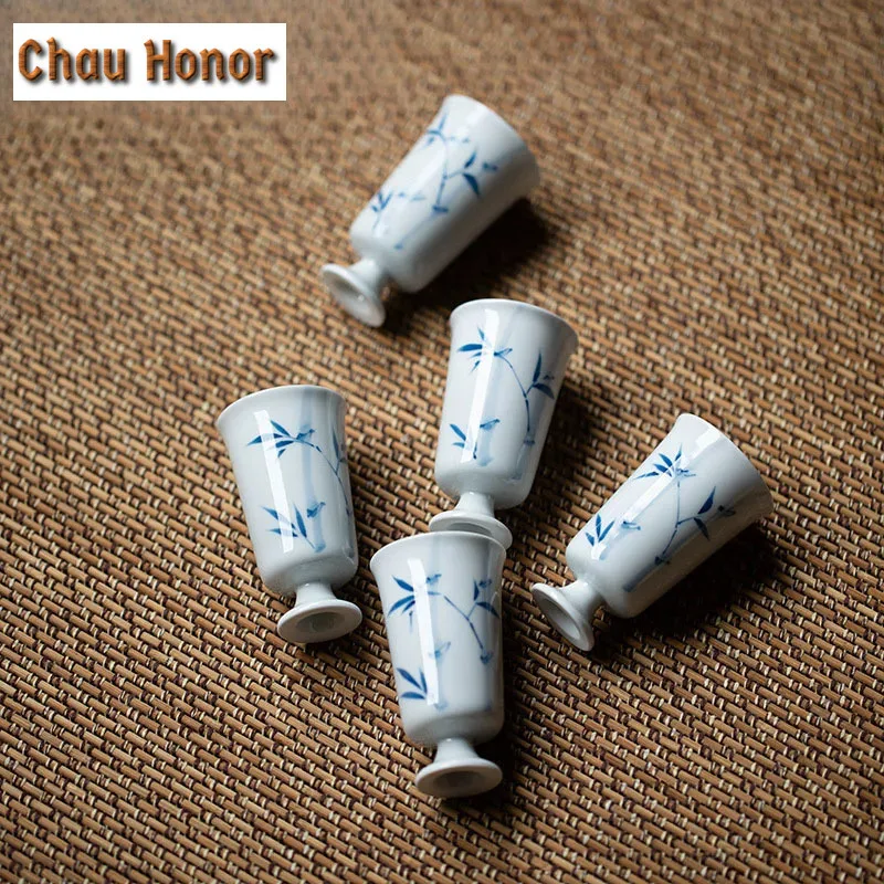 2pc/Set 40ml Pure Handpainted Green Bamboo High Foot Tea Cup Household White Porcelain Thin Tire Master Cup Single Cup Drinkware