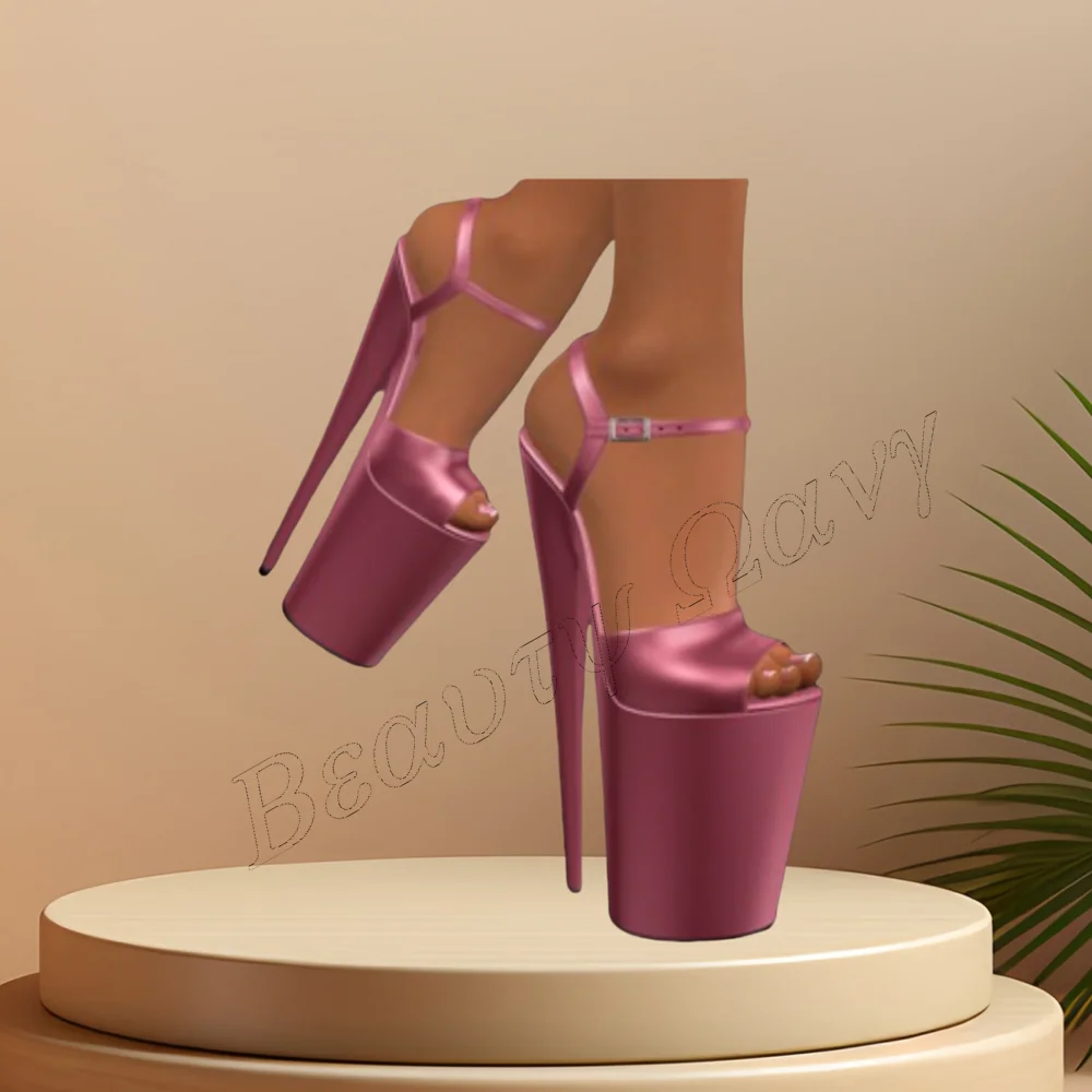 

Pink Solid Spike Heel Sandals Ankle Buckle Platform Cut Heel Round Toe High Heel Shoes for Women High Heel 2024 Zapatillas Mujer