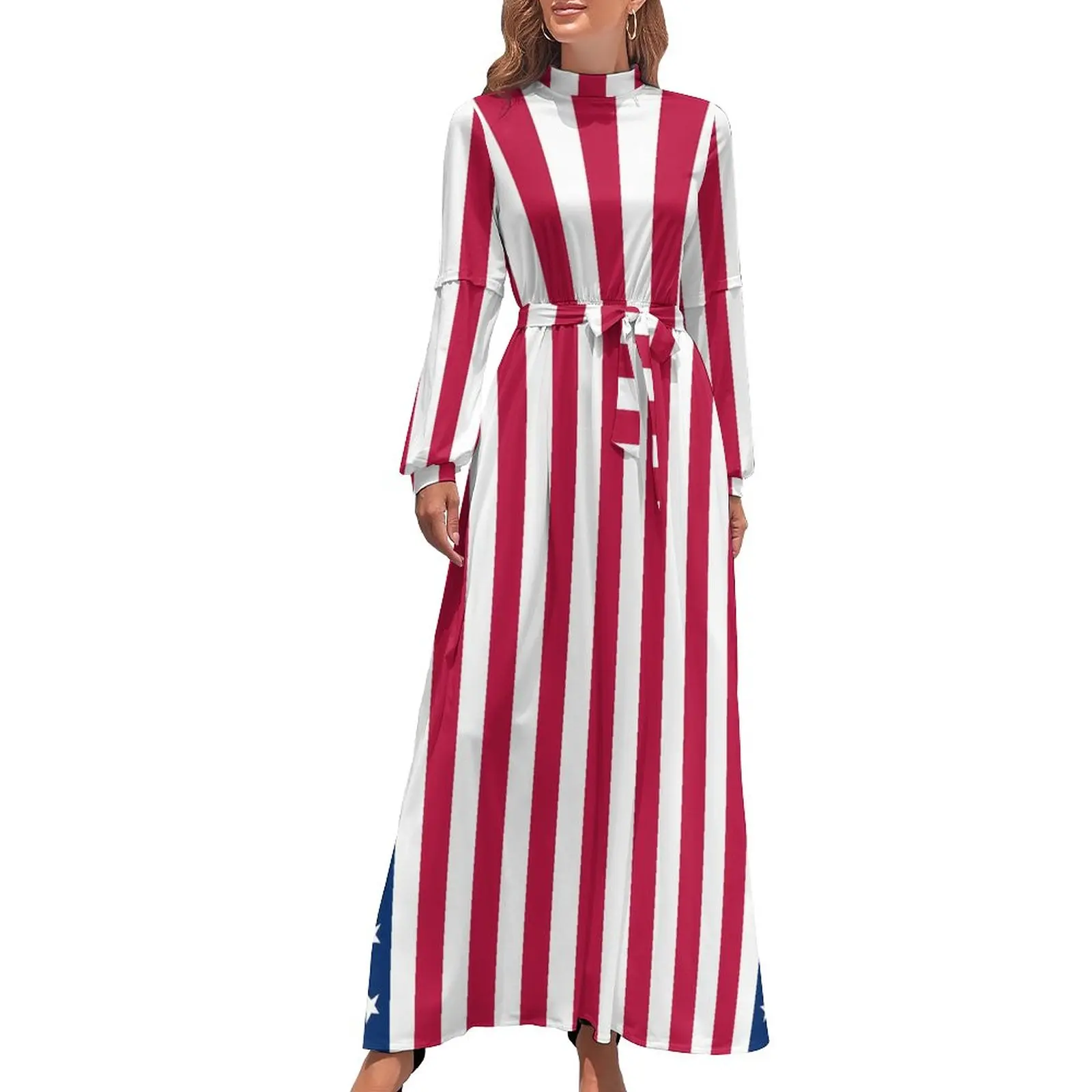 

American Flag Print Dress Red Stripes Vintage Maxi Dress Stylish Beach Long Dresses High Waist Design Vestidos