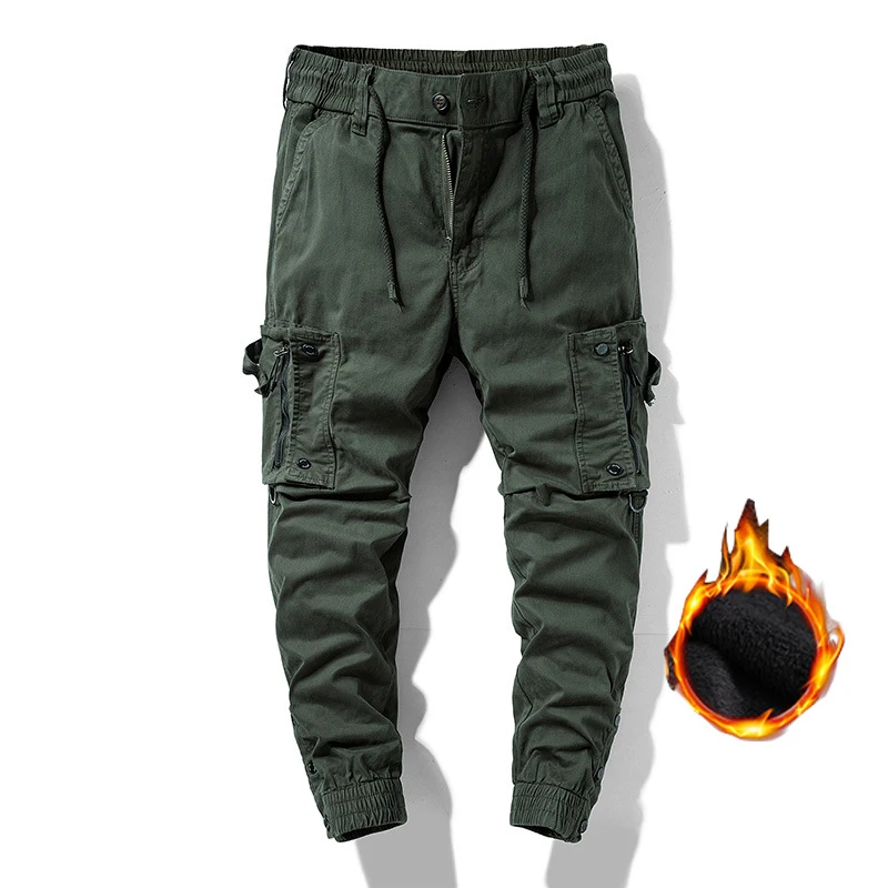 

Slim Plush Men's Cargo Pants Thickened Elastic Waist Cuffs Multiple Pockets Casual Pants Solid Versatile Outdoor Therm Trousers