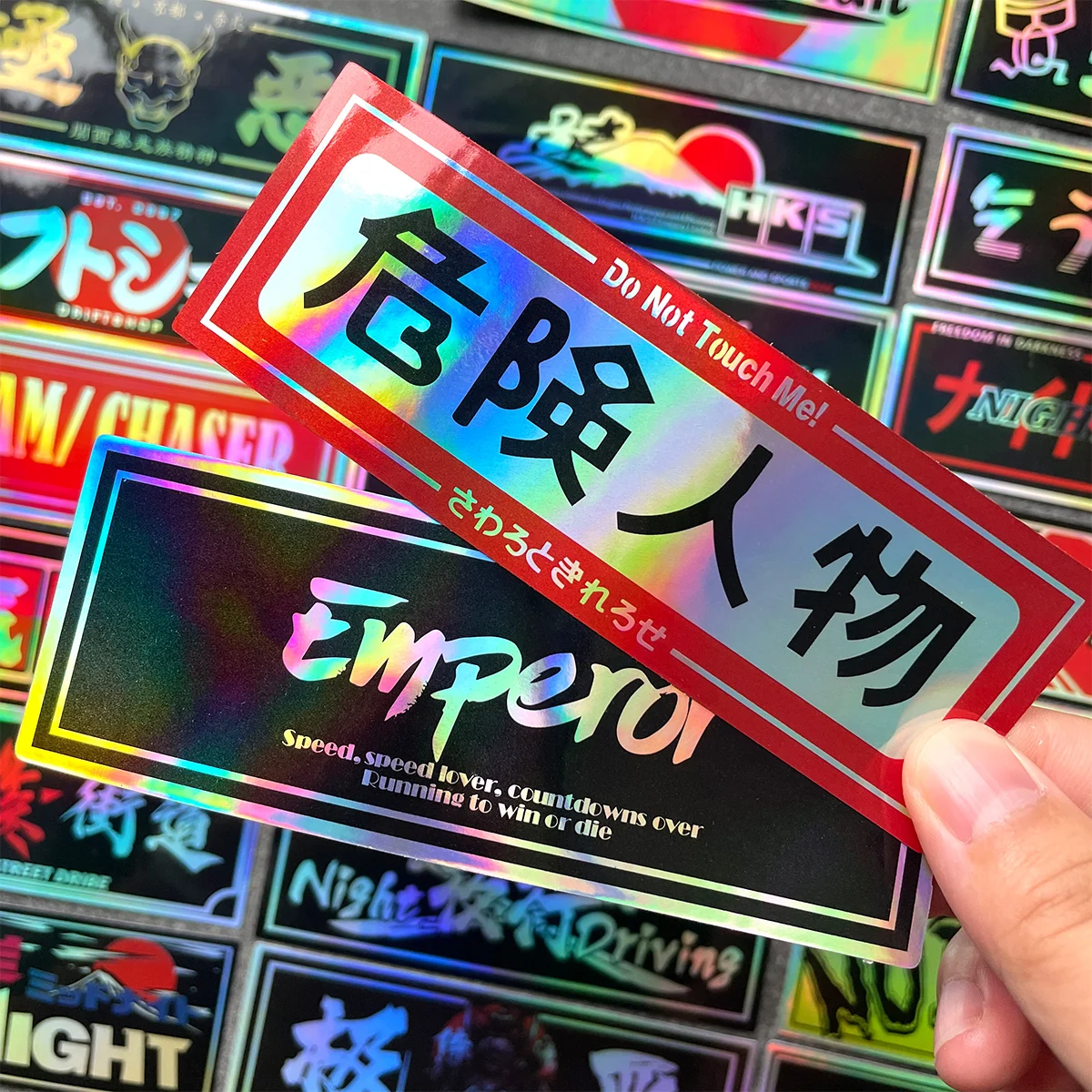 Vinyl stickers 24PCS/Lot laser rainbow Speedhunters Oni Samurai JDM good lucky racing car vinyl stickers motorcycle helmet decal accessories