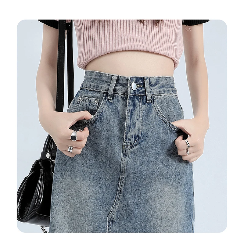 Broken Denim skirt women's 2023 summer high street retro blue new high waist slim split midi skirt a line skirt