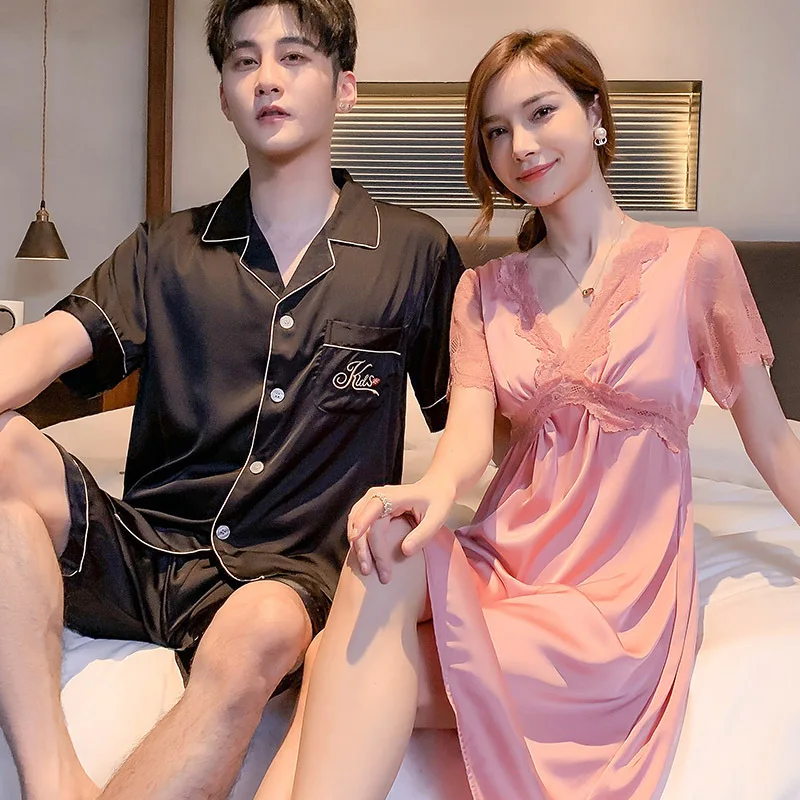 커플용 새틴 실크 홈웨어, 반팔 반바지 파자마 세트, 섹시한 레이스 나이트드레스, V넥 라운지웨어, 여름