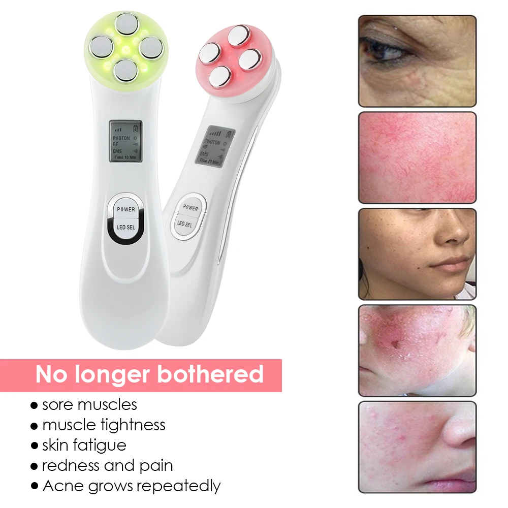 5 Colors LED RF Radio Frequency Facial Beauty Device Face EMS Microcurrent Lifting Tighten Massager Skin Rejuvenation Care