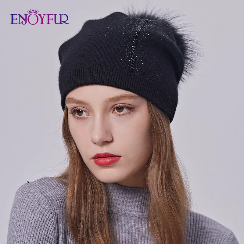 ENJOYFUR Winter Fur Pompom Hats For Women Cashmere Wool Knit