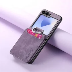 Vintage Leather Wallet Phone Case with Ring Bracket and Card Holder - Galaxy Z Flip5 (Purple)