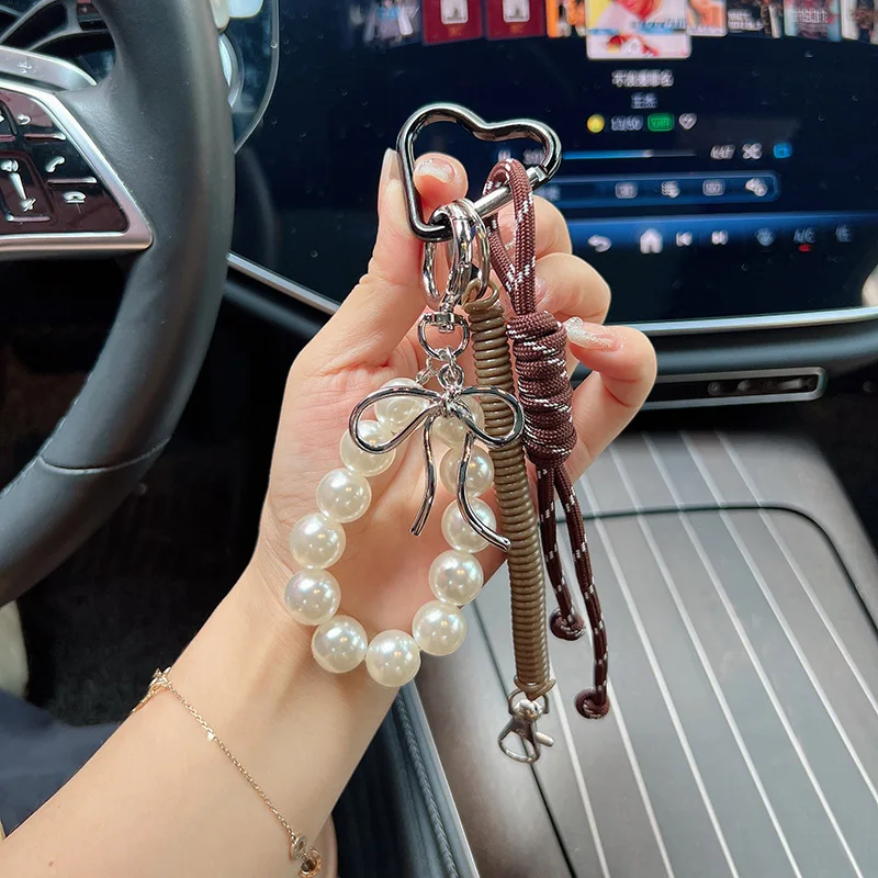 Korean Sweet Pearl Bow Keychain Heart Pendant Y2K Aesthetic Key Holder for Girls Bag Accessory