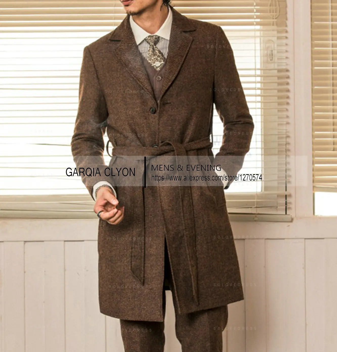 Tweed Cappotto Uomo Stile Inglese Uomo 3/4 Lungo Navy Cappotto
