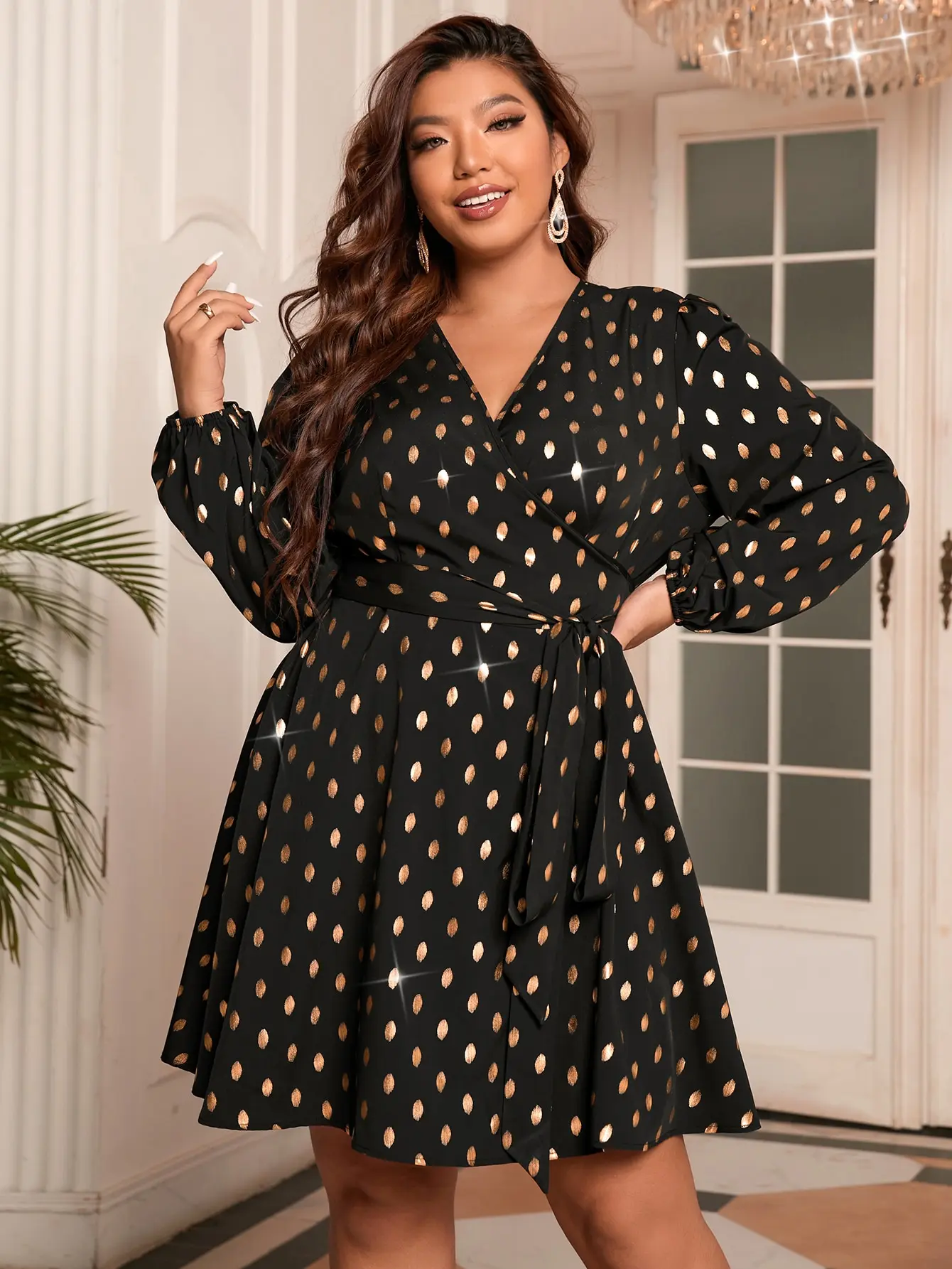 

Finjani Plus Size Elegant Dress, Women's Plus Golden Dot Print Lantern Sleeve Overlap Collar Belted Party Dress