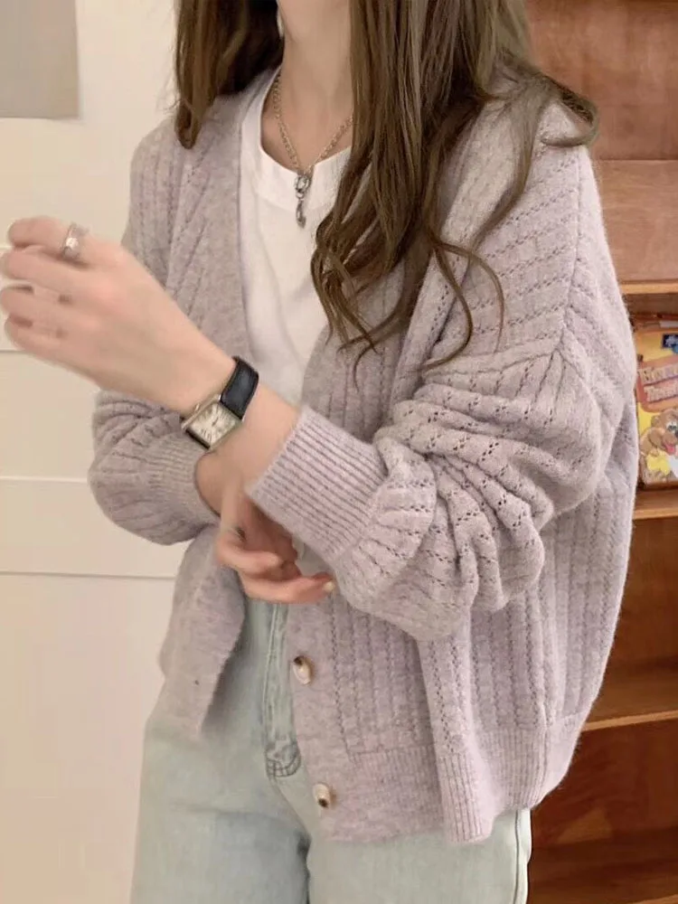 New Women's V-neck Long-sleeved Cardigan Sweater Autumn and Winter Knitwear Solid Color Loose Single-breasted Sweater Jacket