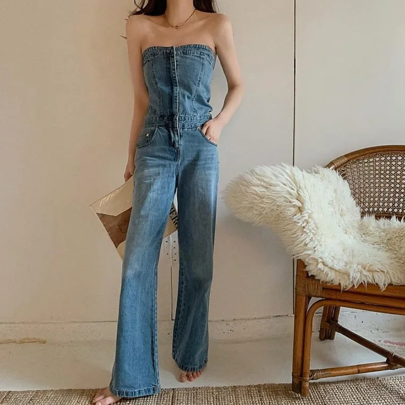 Elegant Women's Strapless Sleeveless Strapless Full Length Blue Backless Tube Top Denim Jumpsuit High Waist Wide Leg Overalls