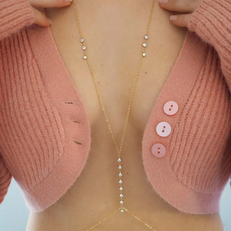 Sexy Metal Zircon Chest Chain Simple Gold Color Double