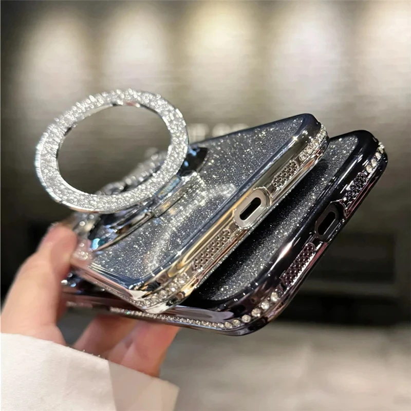 Luxury Plating For Magsafe Magnetic Stand Holder Glitter Diamond Case For iPhone 15 11 12 13 14 Pro Max Plus Soft Silicone Cover