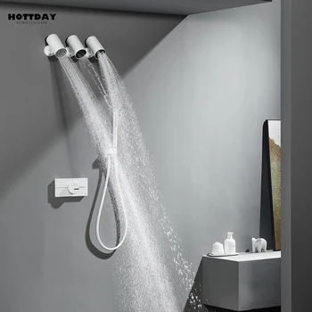 สีขาวชุดฝักบัวอาบน้ํา Matt สีดําติดผนังห้องน้ําก๊อกน้ําทองเหลืองก๊อกน้ําร้อนน้ําเย็น TAP With3 หัว 1