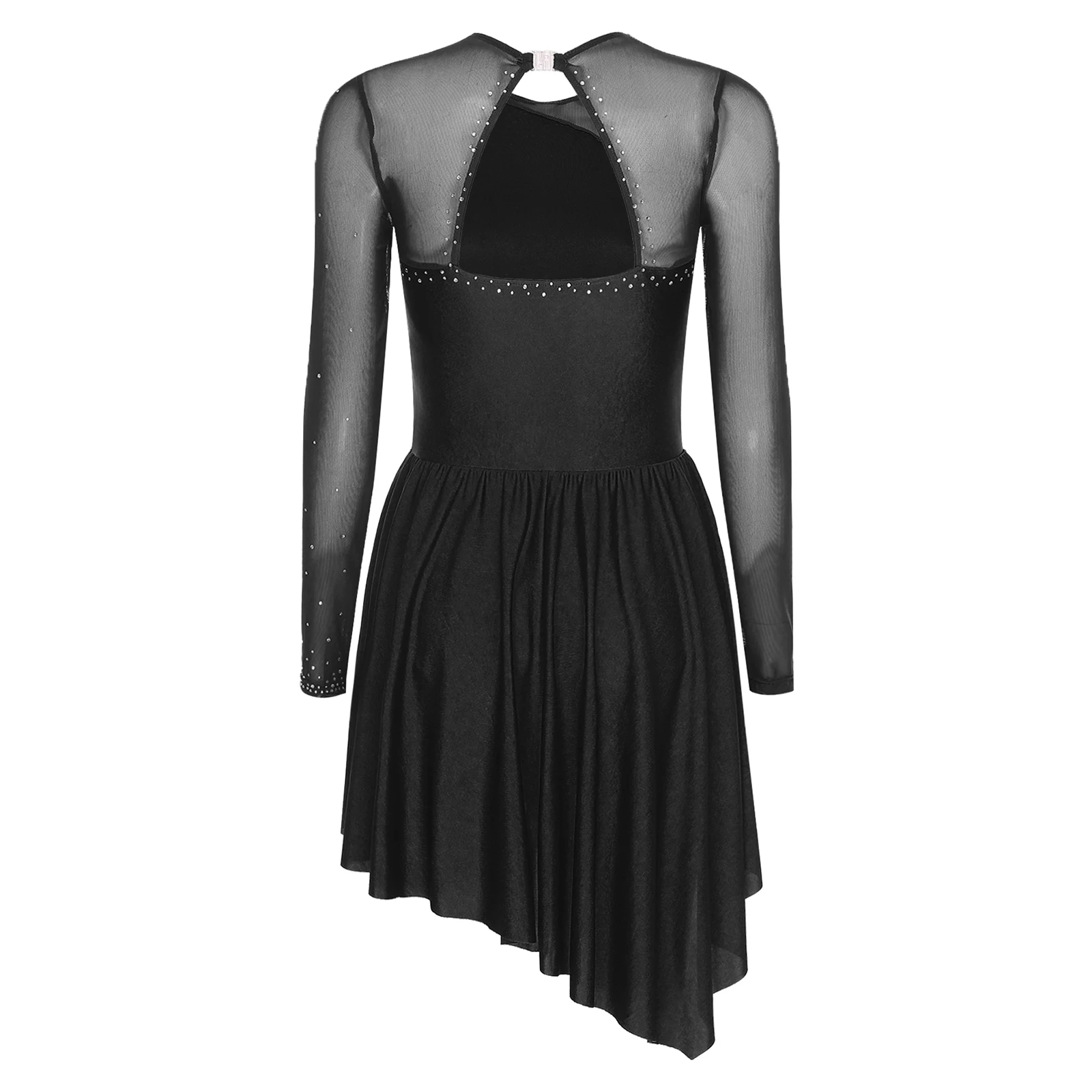 Damen glitzernde Strasssteine, Gymnastik, Eiskunstlauf, Ballett, lyrischer Tanz, Trikots, Kostüm, durchsichtiges Netz, langärmelig, Tanzkleid – Detail 10