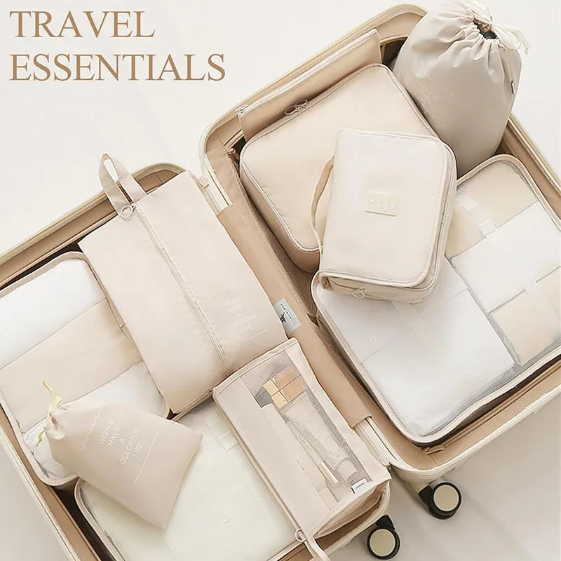 Waterproof Travel Packing Cubes Set with Drawstring Storage Pouches - 8-Piece Luggage Organizer for Clothes, Shoes, Underwear, and Cosmetics