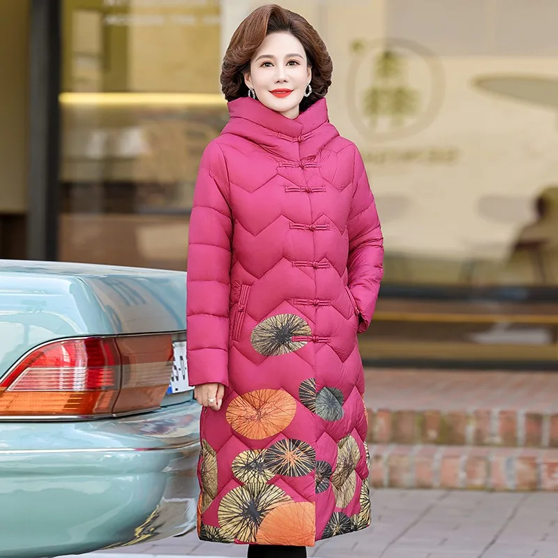 

Women's Winter Coats Hooded Retro printing Cotton Padded Jackets for Women Long Parkas Warm Slim Buckle Winter Overcoat
