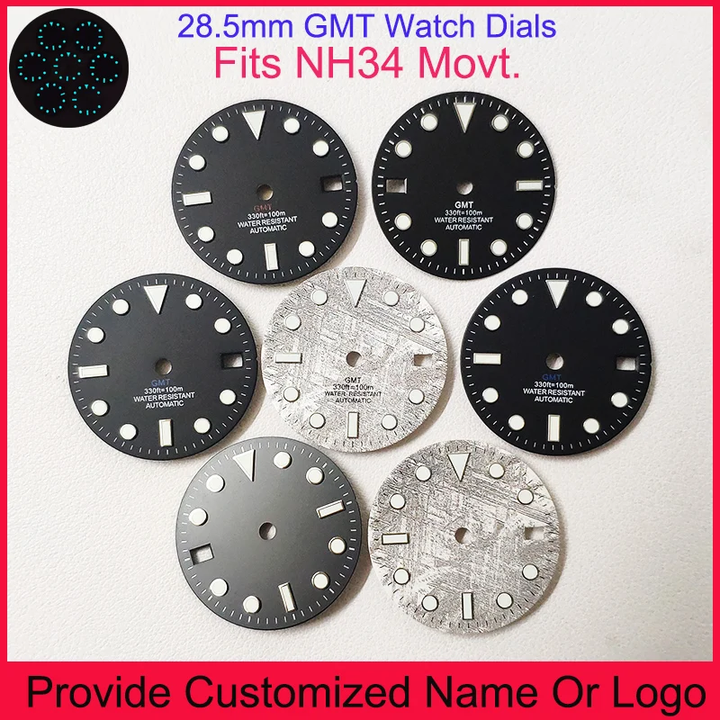 

NH34 Dial GMT Watch Master 28.5mm Custom DIY Logo S Logo Dials Blue Luminous Hands Meteorite Pattern Left-handed Watches Parts