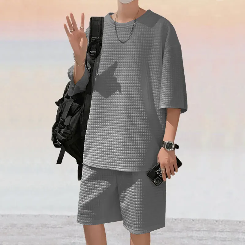 Summer Fashion Heavy Men's Clothing Small Check Jacquard Loose Straight Tube Plus Size T-shirt Shorts Two-piece Men's Wear