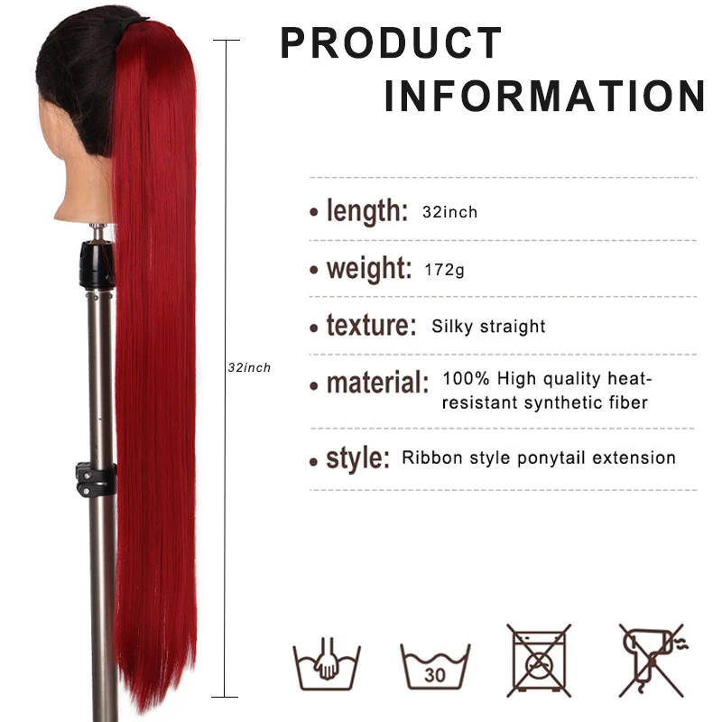 LUPU Tie Style Ponytail Extension Straight Ponytail 32 inch Synthetic hair Piece, Suitable for Women's Heat-Resistant (red)