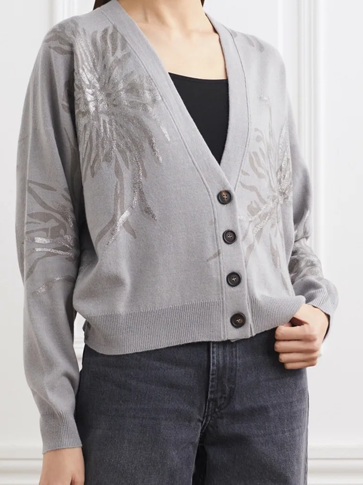 

Women Single Breasted 100% Wool Sweater Coat Loose Floral Print Long Sleeve Female 2023 Autumn Knit Cardigan