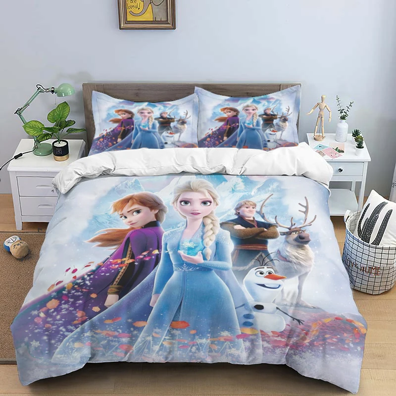 thumbnail image 1 of Juego de cama de tres piezas con estampado de dibujos animados de Disney Frozen Elsa y funda de almohada para niños o adultos, tamaño King, Queen, Full y Twin, 1 of 5