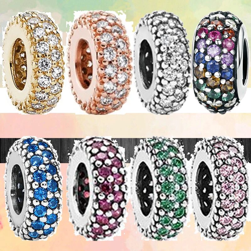 

New Solid Color Blue Green Pink White Zircon Shiny Round Bead Fit Original Pandora Charm Silver Color Bracelet Women DIY Jewelry