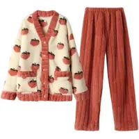 Women Warm Flannel Pajamas Set Strawberry Kawaii Girlish Winter Flannel Sleepwear Ladies Warm Velvet Loungewear Casual Homewear - Image 5