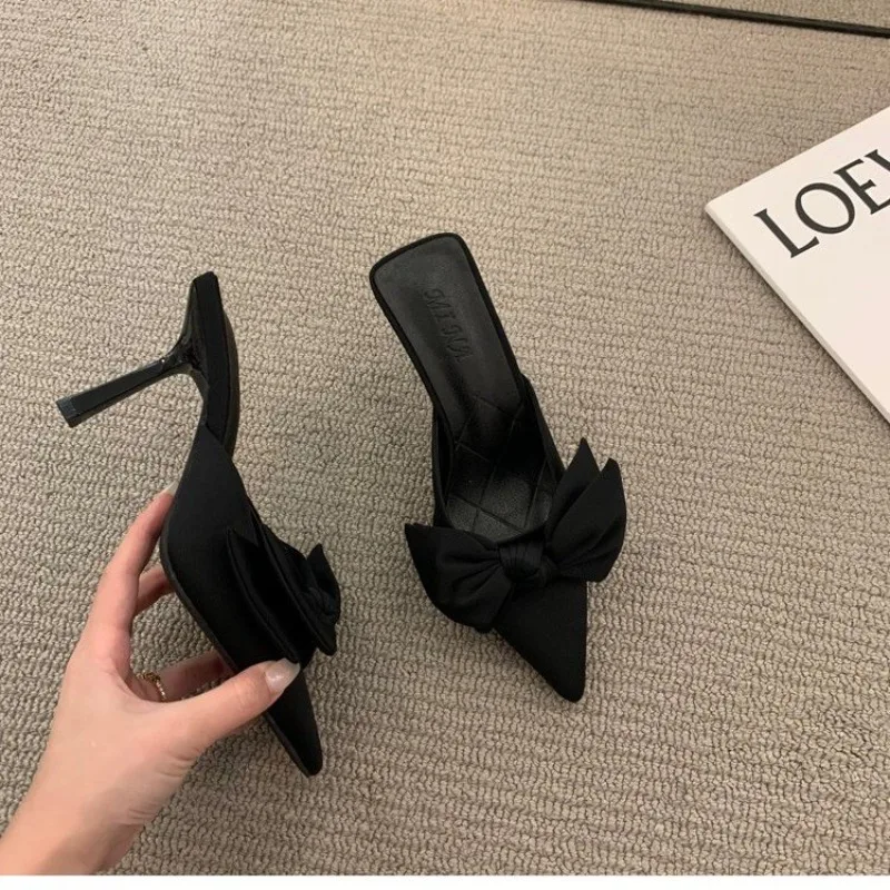Summer Bowtie Thin Heel Mules Shoes Women 2024 Street High Heeled Slippers Women Sandals Sexy Elegant Pointed Toe Chic Shoe