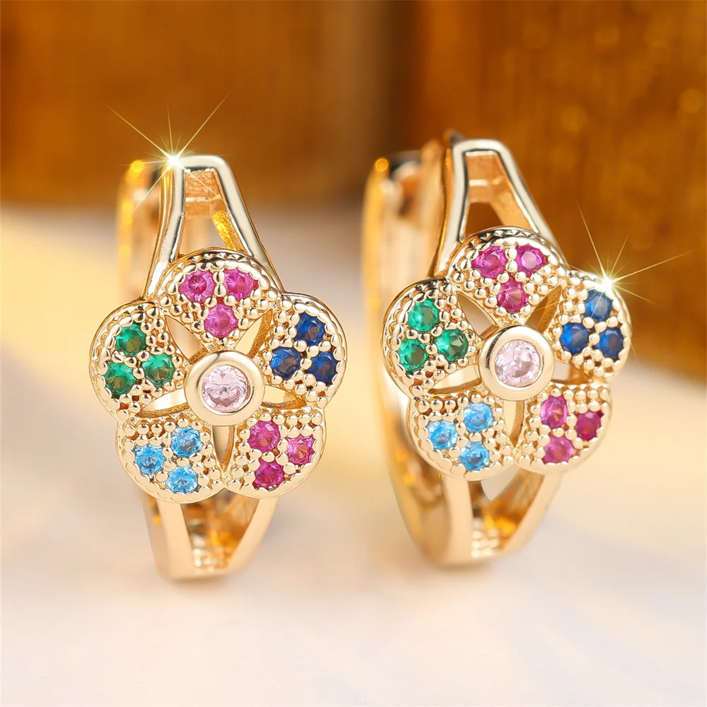 Female Cute Flower Rainbow Zircon Round Hoop Earrings For Women Vintage Gold Silver Color Ear Buckle Wedding Party Jewelry Gift