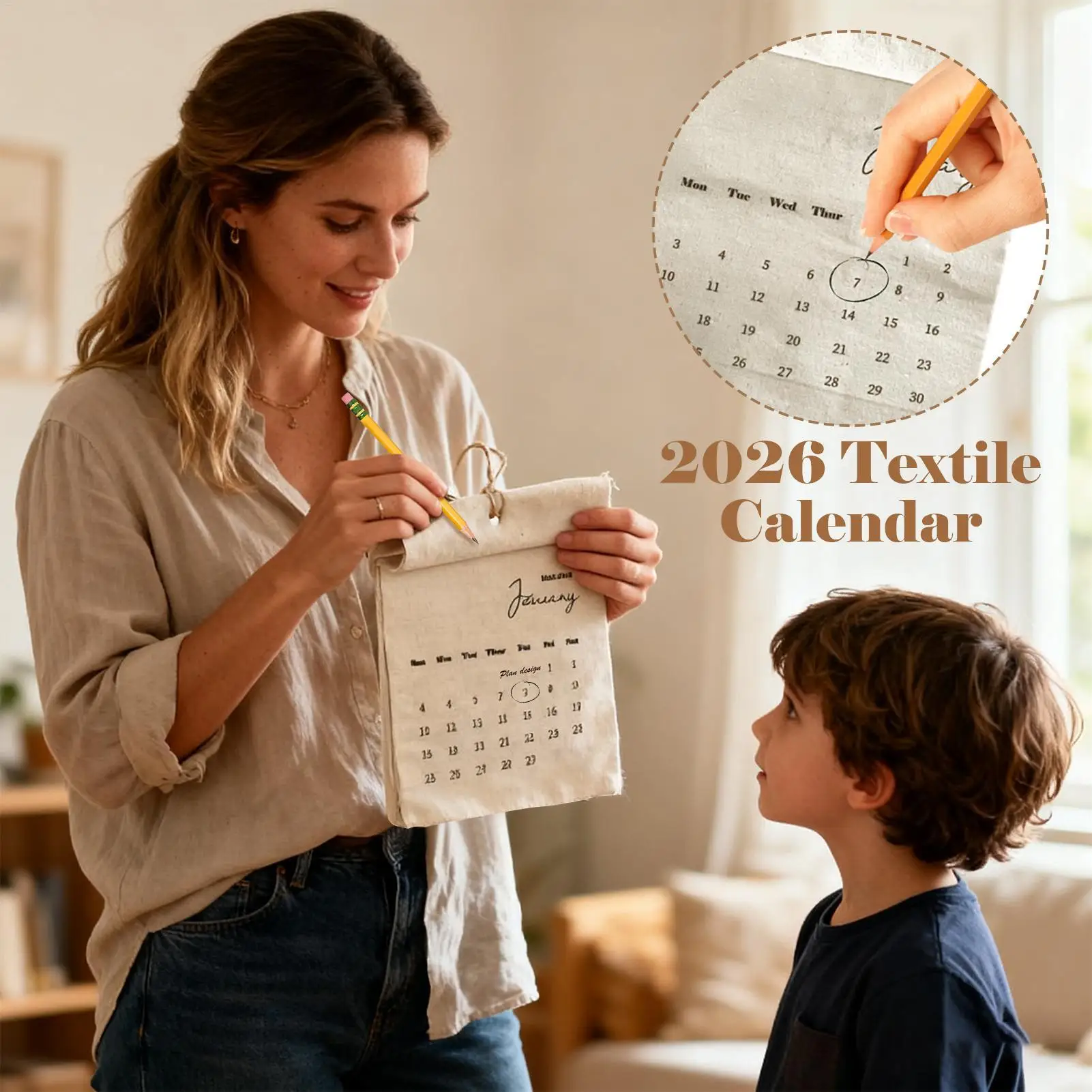 Calendario da parete in tessuto 2026 - Strumento di pianificazione tessile da 12 mesi per la casa, l'ufficio, l'aula e la sala studio Decorazioni per la casa Insegnanti Studenti - immagine 2