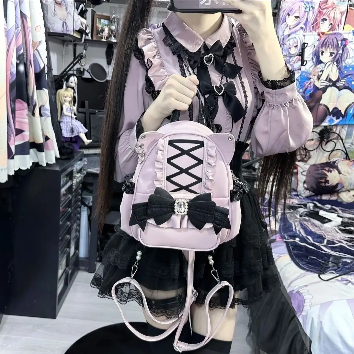 Japanese Bow Backpack Tote Cute Lace Cat Ear Student Large Capacity Women's Handbag Single Shoulder Bag 3