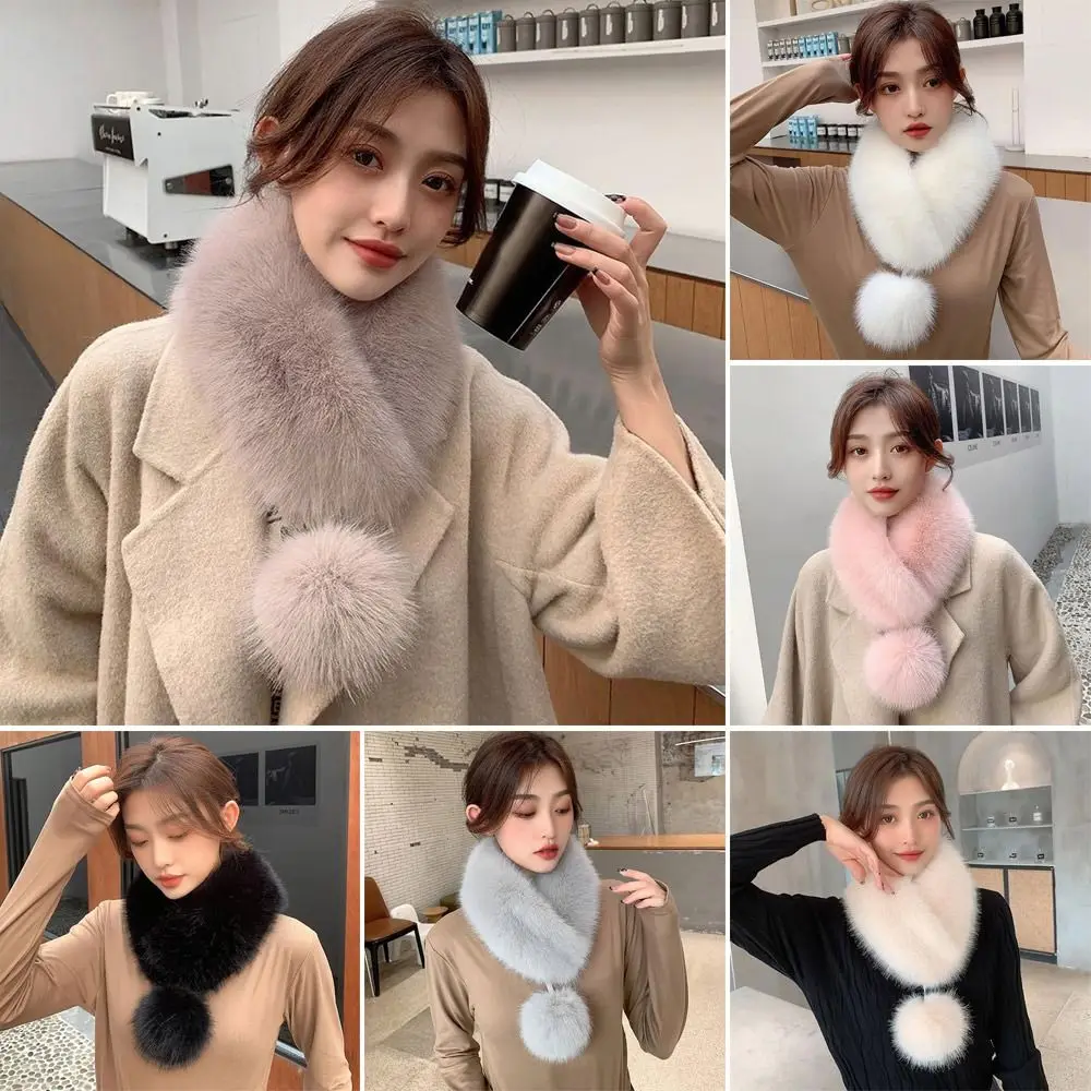 

Women Scarf Fur Collar with Ball Pompom Artificial Wool Bib Winter Thicken Warm Soft Solid Imitation Fur Scarf