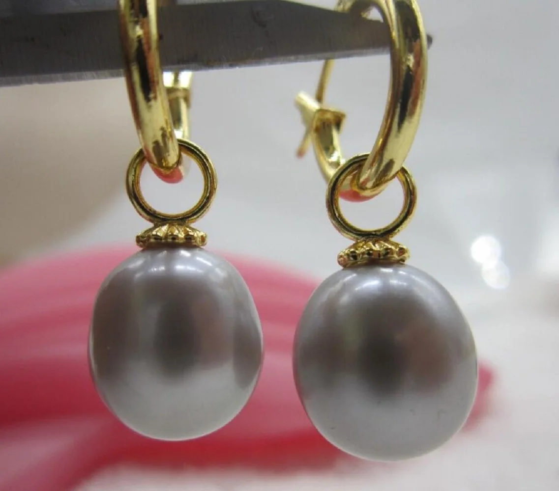 

hot Huge AAA 12-13mm natural tahitian gray round Pearl Earrings set 14k gold