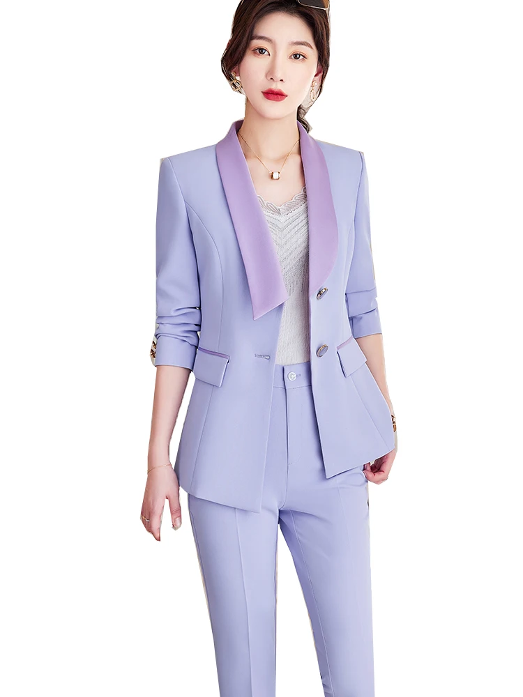 Fashion Women Pink Purple Formal Pant Suit 2 Piece Set Blazer