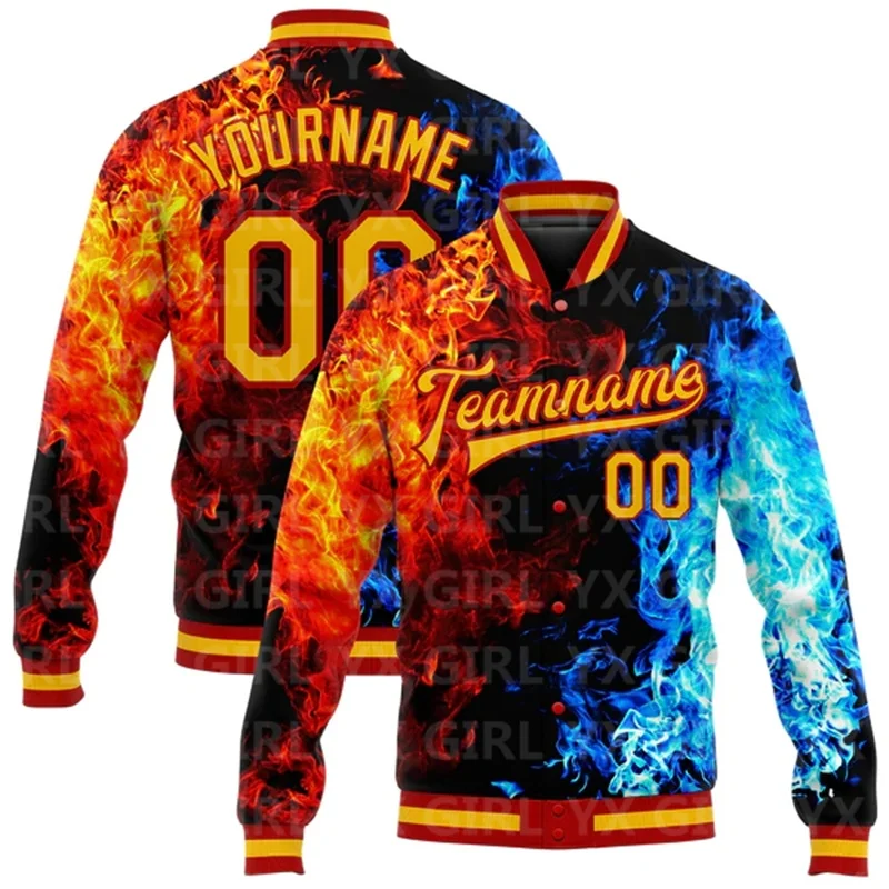 Custom Black Gold Red-Royal Flame 3D Pattern Design Bomber Full-Snap Varsity Letterman Jacket Baseball Button Jacket men and women flight jacket custom printing logo casual bomber coat baseball uniform embroidery pattern trend windbreaker design