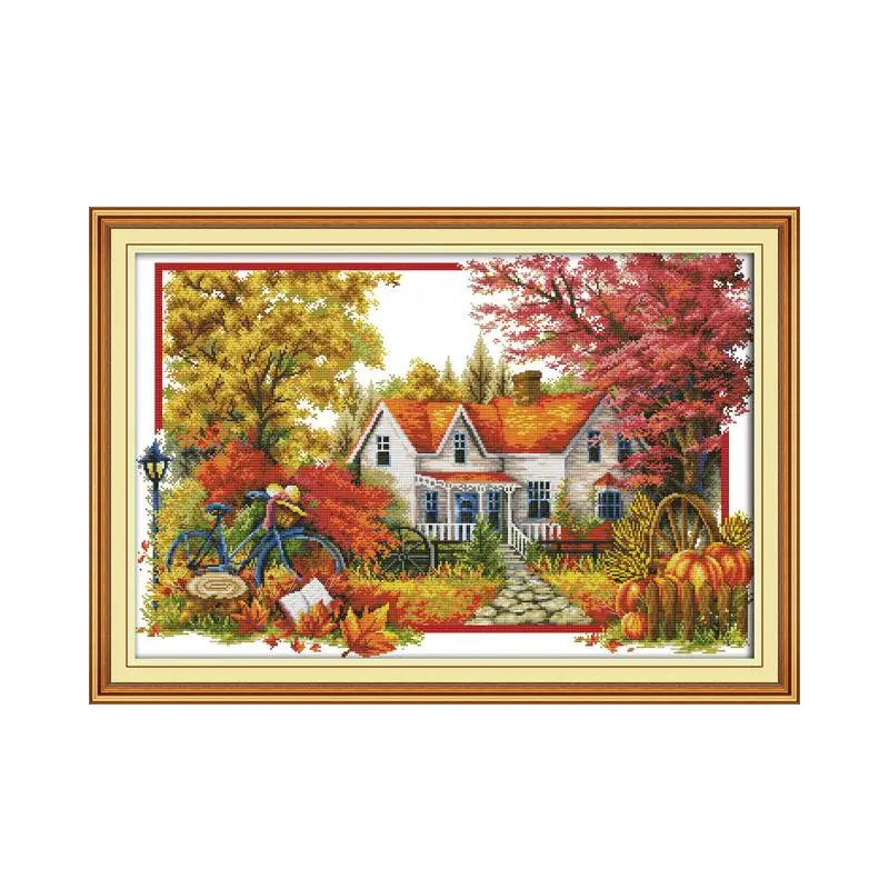 Printed cross stitch kits Spring summer autumn and winter scenery beautiful views of rural cottages cross stitch kits Scenic cross stitch kit