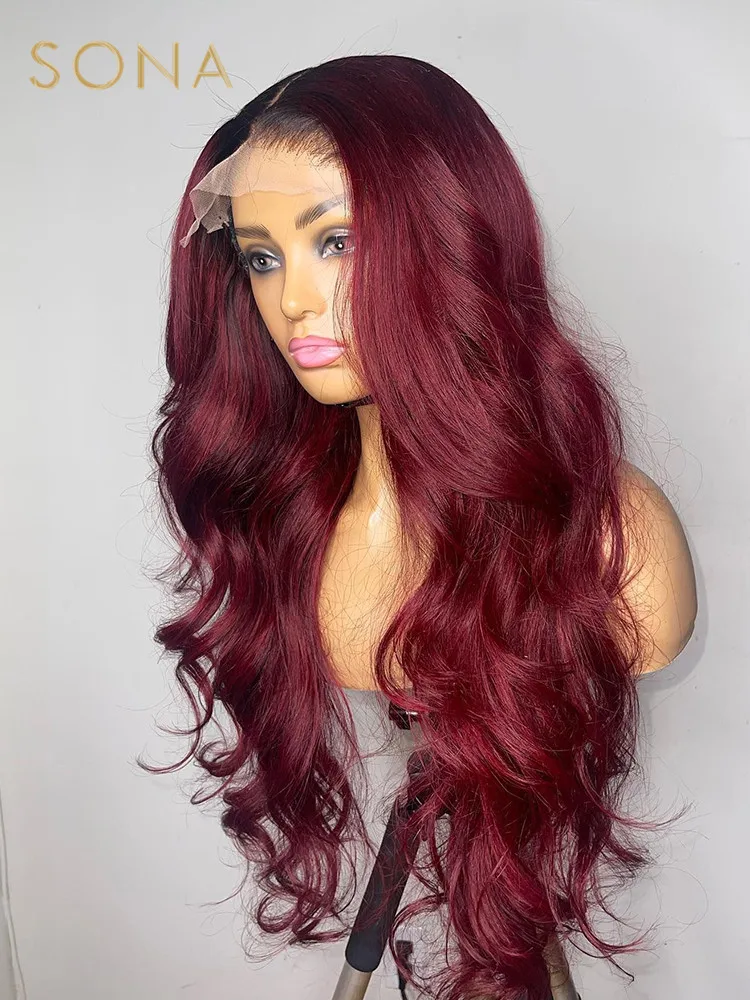 

Ombre Burgundy 99J Body Wave Transparent Lace 13X6 HD Frontal Wig Dark Root Human Hair Wig Pre Plucked 13X4 Lace Front Wigs