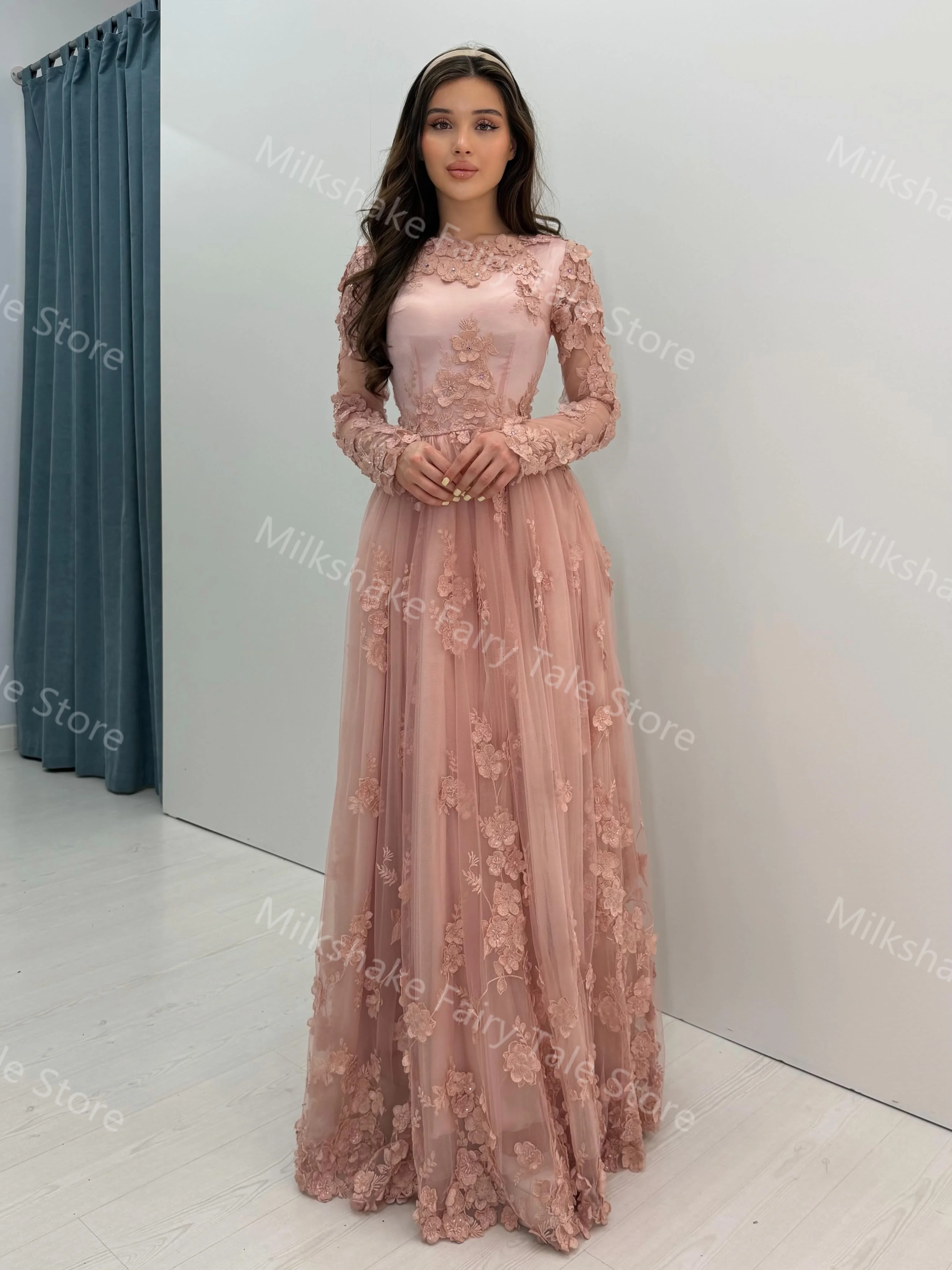 Glamorous Pink Prom Dresses Charming Lace Long Sleeves Evening Dresses Floral Appliqued Customized Special Occasion Dresses - 3