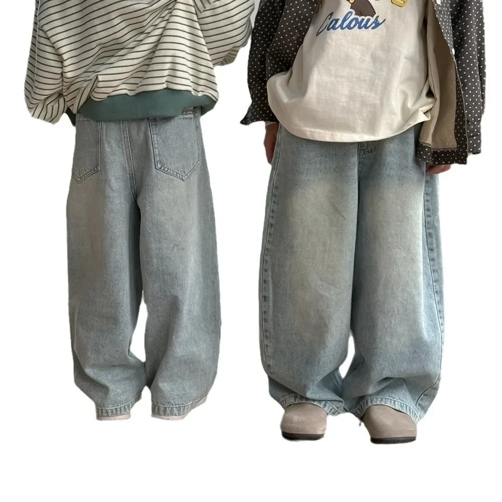 Children Clothes Kids Loose Pants Spring Boys and Girls Korean Style Solid Color Loose Casual Denim Straight Leg Pants