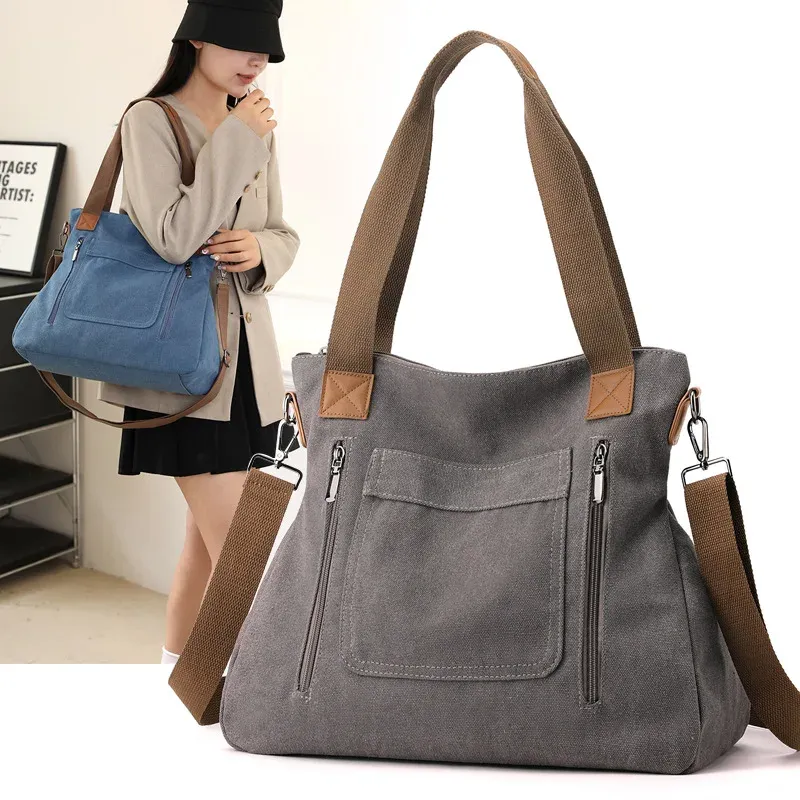Women's Casual Canvas Tote Bag Hot Sale Of The Season New Style Multi-Functional Single Shoulder Slant Cross Handbag Large Capac