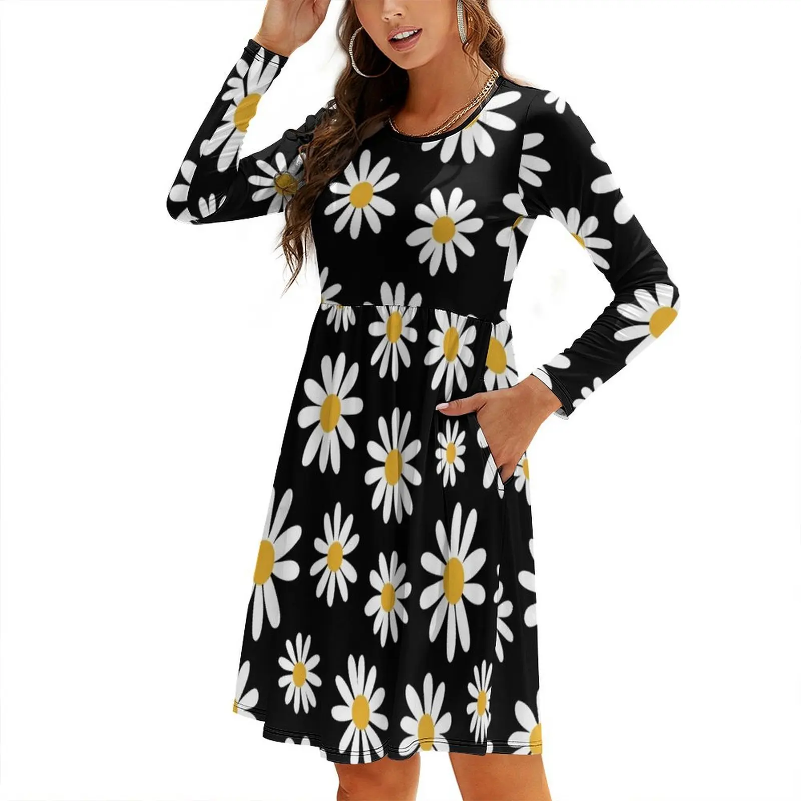 

Spring daisies floral retro pattern on black Round Neck Baggy Dress dresses ladies 2024 summer african dresses for woman