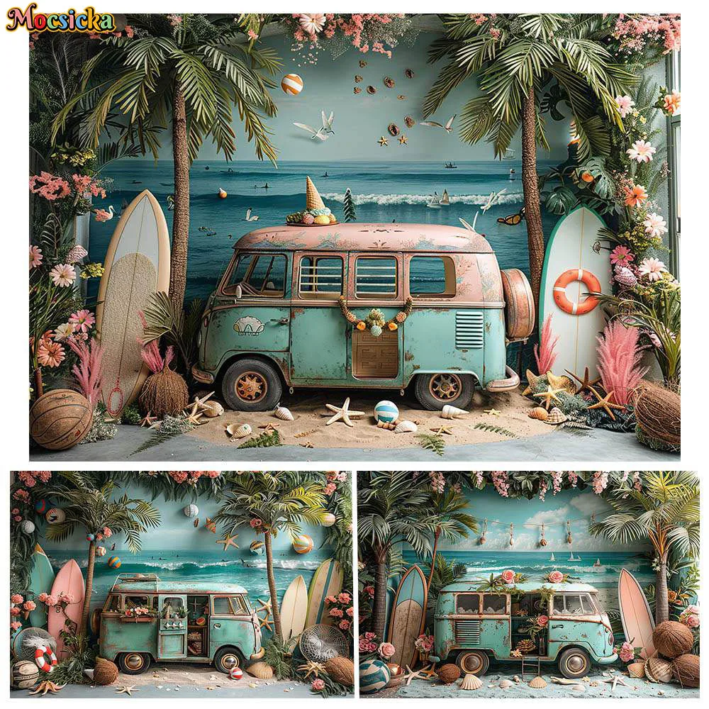 

Mocsicka Photography Background Hawaii Beach Ice Cream Truck Palm Tree Summer Backdrop Holiday Party Decor Studio Photocall Prop