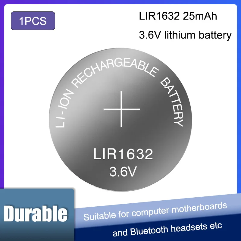 1PCS LIR1632 1632 3.6V 25mAh bateria de lítio Recarregável Botão ...