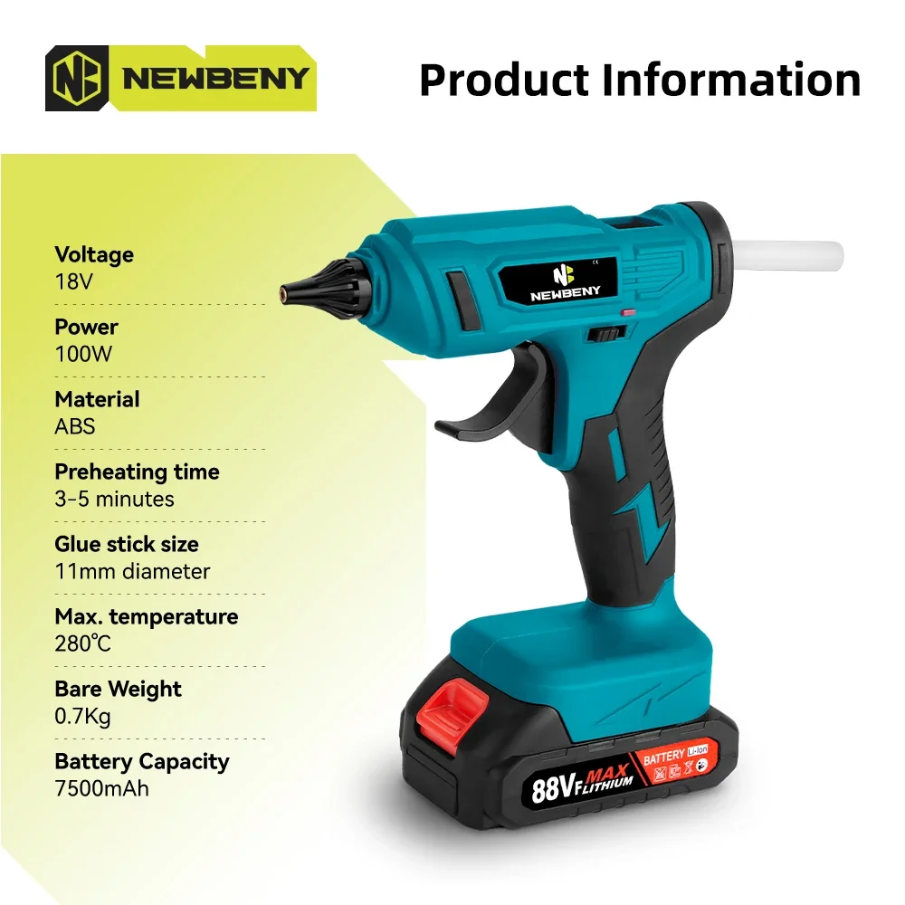 NEWBENY 280°C Cordless Hot Melt Glue Gun Portable Rechargeable with 10pcs 11mm Glue Sticks DIY Repair Tool For Makita 18VBattery 2