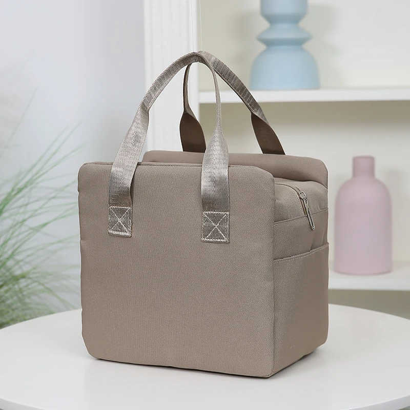 Einfarbige Lunch-Tasche mit Aluminiumfolie-Innenfutter und Reißverschluss, Große Kapazität Tragbare Arbeitstasche, Aufbewahrungstasche, Handtasche – Detail 7