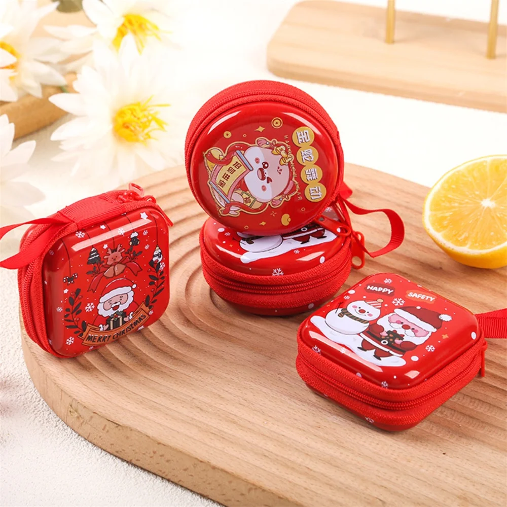 Round Christmas Theme Coin Purse Cute Cartoon Snowman Santa Claus Earphone Case Key Holder New Year's Gift Creative Coin Purse